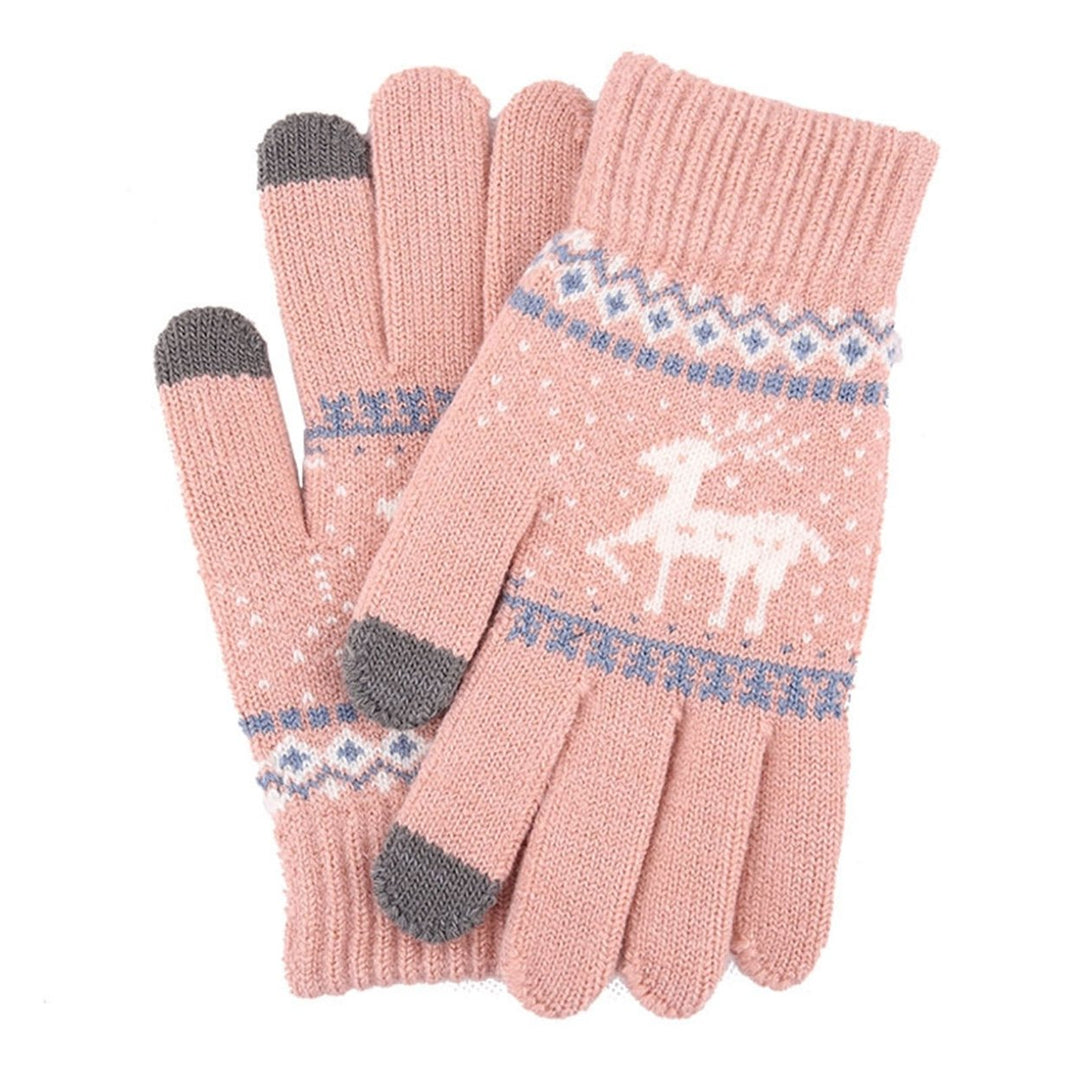 1 Pair Winter Fleece Lining Warm Knitting Gloves Stretchy Thicken Touch Screen Full Finger Mittens Christmas Snowflake Image 1