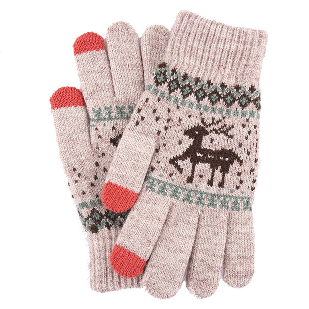 1 Pair Winter Fleece Lining Warm Knitting Gloves Stretchy Thicken Touch Screen Full Finger Mittens Christmas Snowflake Image 4