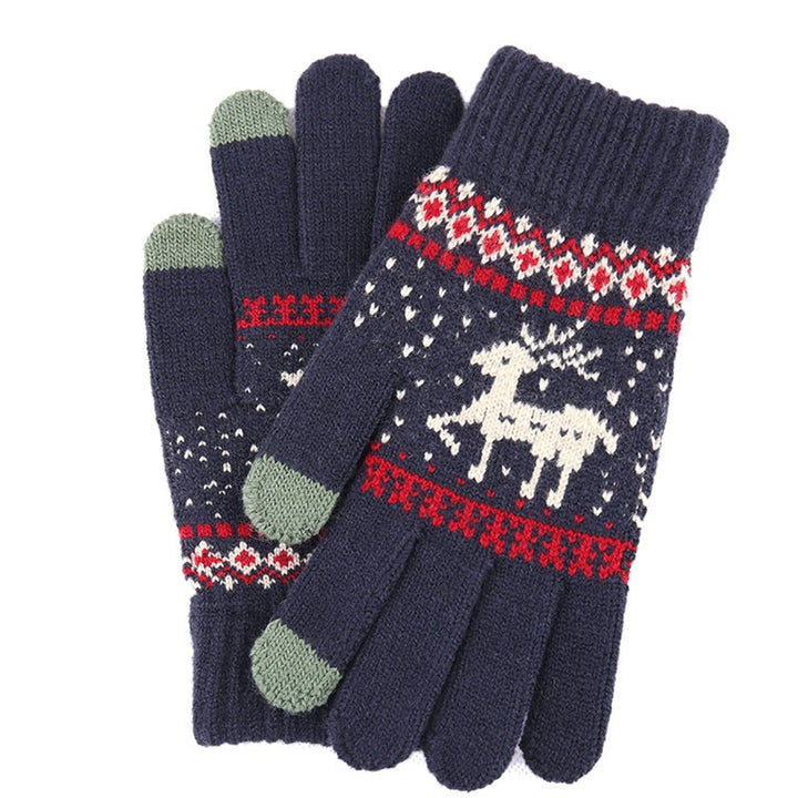 1 Pair Winter Fleece Lining Warm Knitting Gloves Stretchy Thicken Touch Screen Full Finger Mittens Christmas Snowflake Image 6