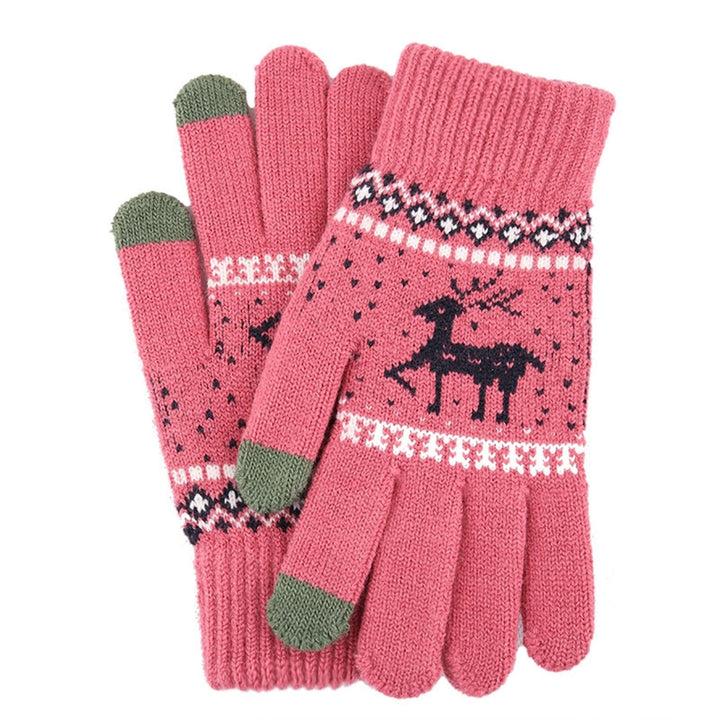 1 Pair Winter Fleece Lining Warm Knitting Gloves Stretchy Thicken Touch Screen Full Finger Mittens Christmas Snowflake Image 7