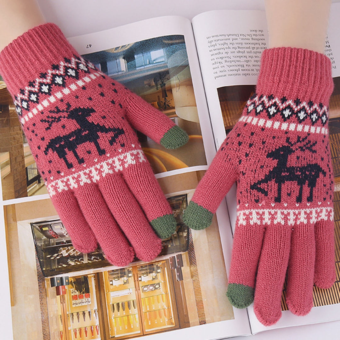 1 Pair Winter Fleece Lining Warm Knitting Gloves Stretchy Thicken Touch Screen Full Finger Mittens Christmas Snowflake Image 8