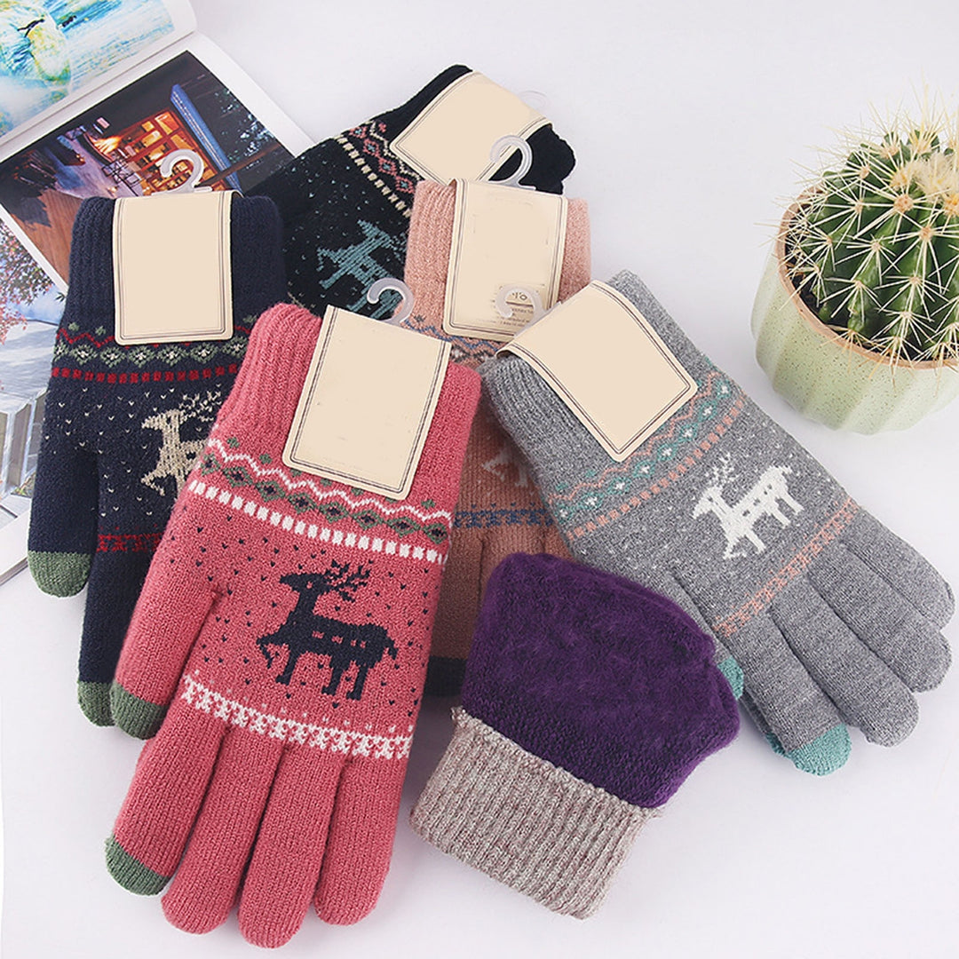 1 Pair Winter Fleece Lining Warm Knitting Gloves Stretchy Thicken Touch Screen Full Finger Mittens Christmas Snowflake Image 9