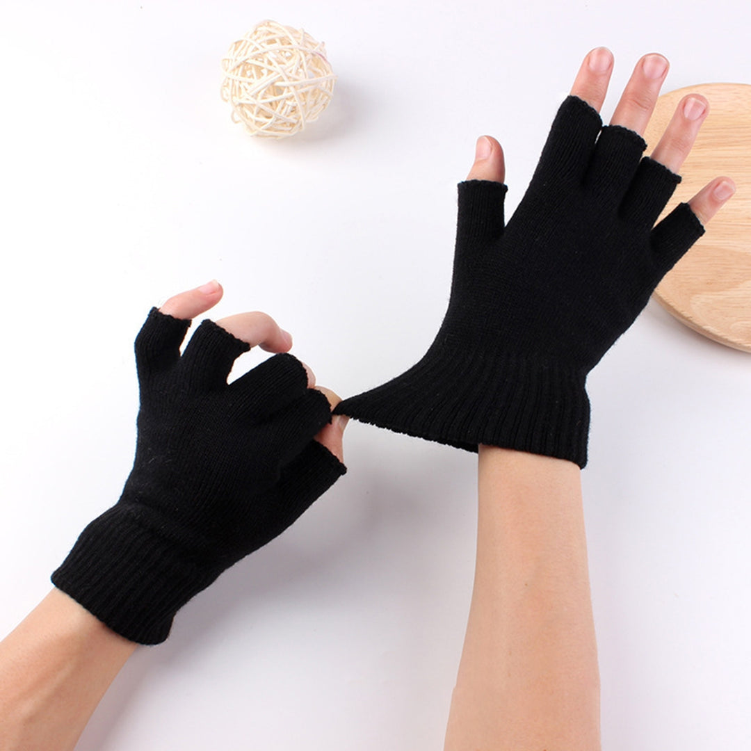 1 Pair Black Half Finger Gloves Women Men Woolen Yarn Knitting Gloves Solid Color Elastic Warm Riding Sport Workout Image 6
