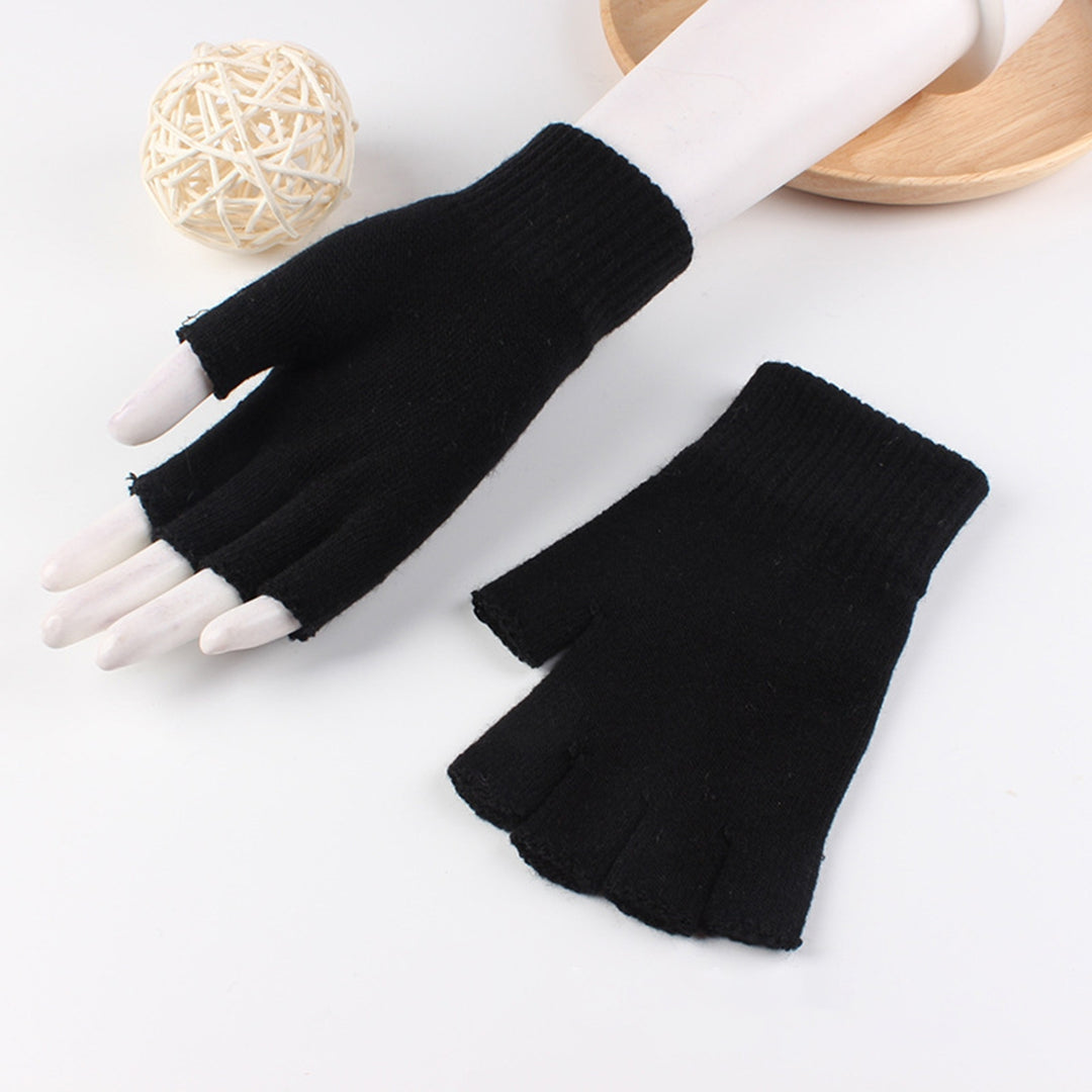1 Pair Black Half Finger Gloves Women Men Woolen Yarn Knitting Gloves Solid Color Elastic Warm Riding Sport Workout Image 7