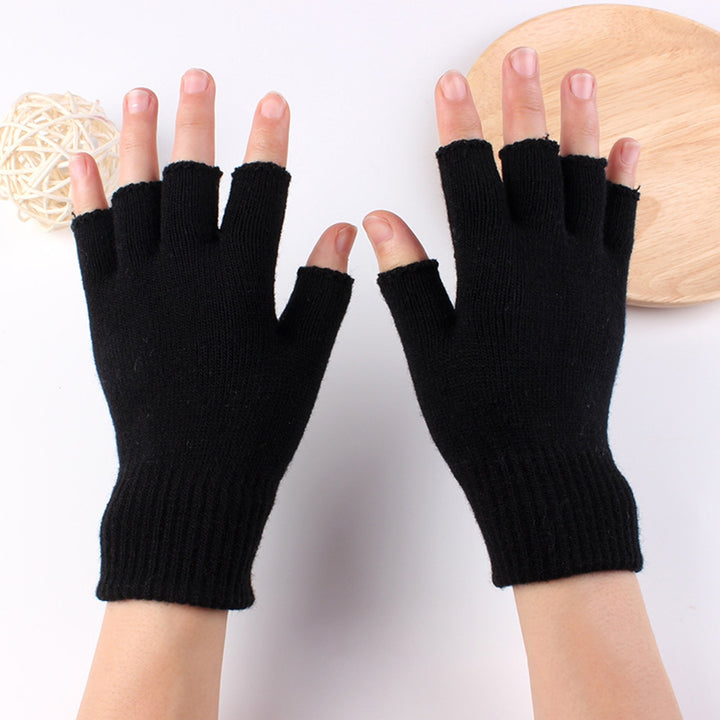 1 Pair Black Half Finger Gloves Women Men Woolen Yarn Knitting Gloves Solid Color Elastic Warm Riding Sport Workout Image 10