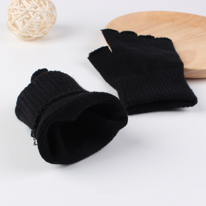 1 Pair Black Half Finger Gloves Women Men Woolen Yarn Knitting Gloves Solid Color Elastic Warm Riding Sport Workout Image 11