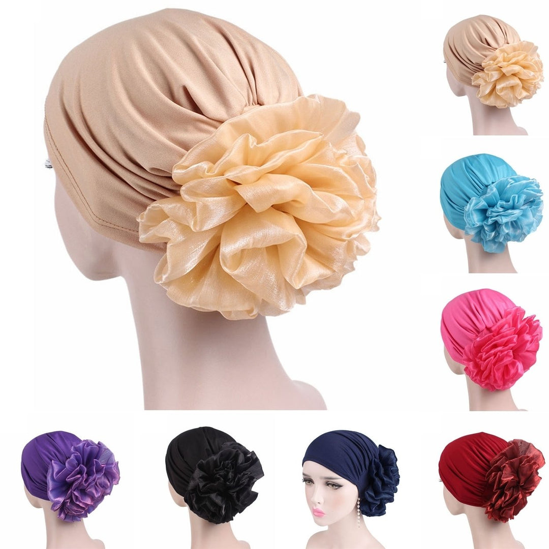 Women Exaggerated Flower Decor Turban Hat Solid Color Elastic Bonnet Beanie Hat Soft Breathable Pullover Hat Streetwear Image 1