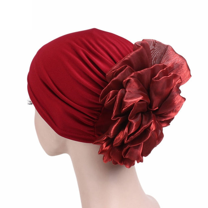 Women Exaggerated Flower Decor Turban Hat Solid Color Elastic Bonnet Beanie Hat Soft Breathable Pullover Hat Streetwear Image 6