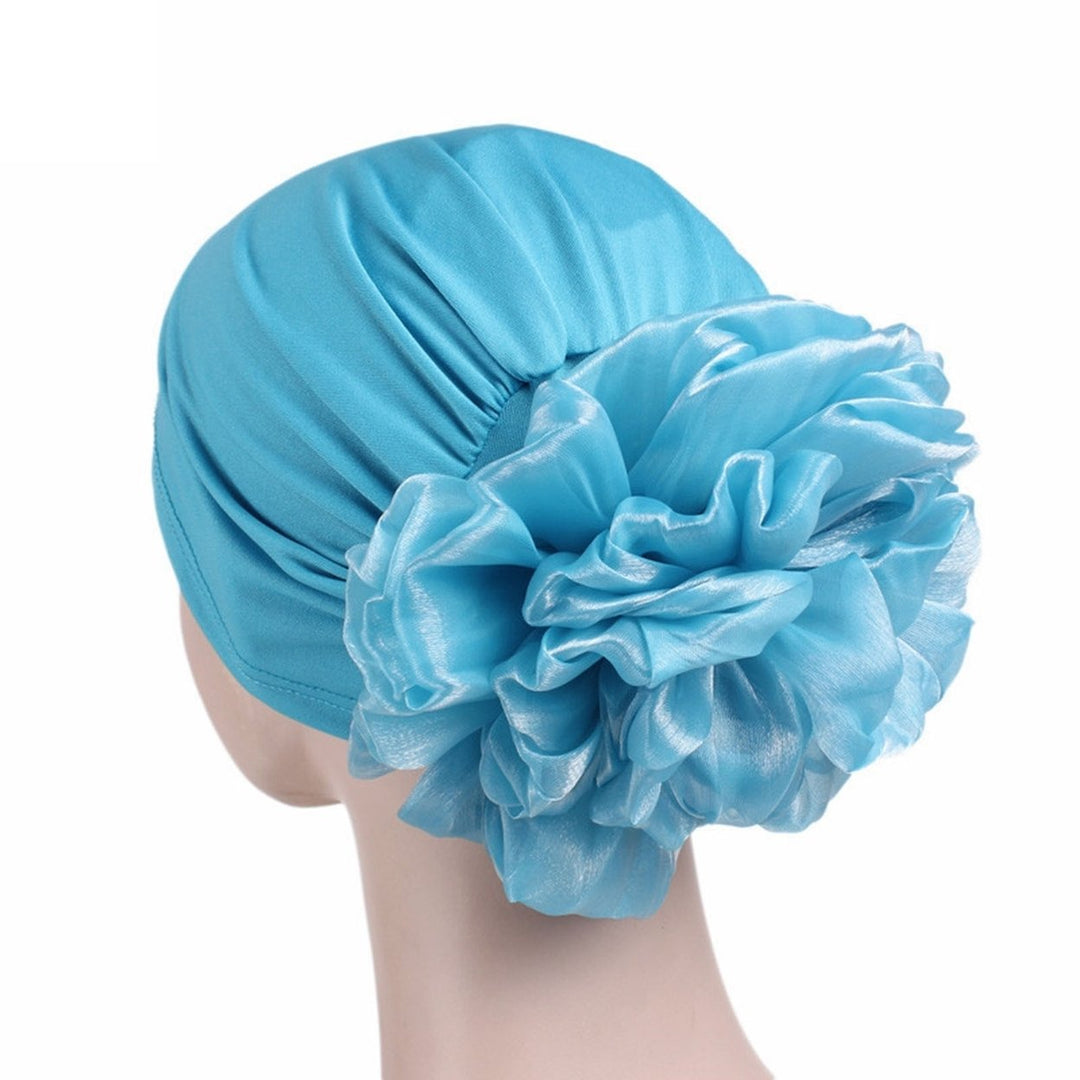 Women Exaggerated Flower Decor Turban Hat Solid Color Elastic Bonnet Beanie Hat Soft Breathable Pullover Hat Streetwear Image 7