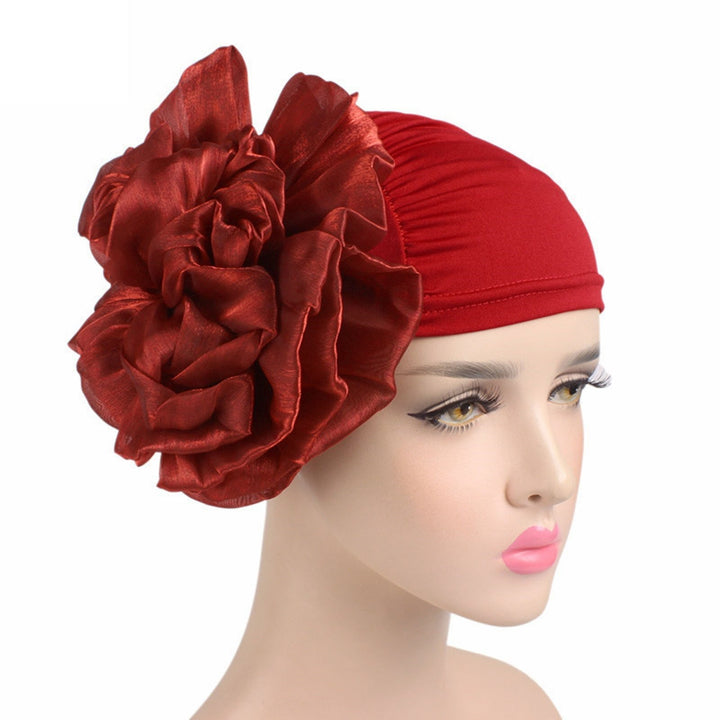 Women Exaggerated Flower Decor Turban Hat Solid Color Elastic Bonnet Beanie Hat Soft Breathable Pullover Hat Streetwear Image 9