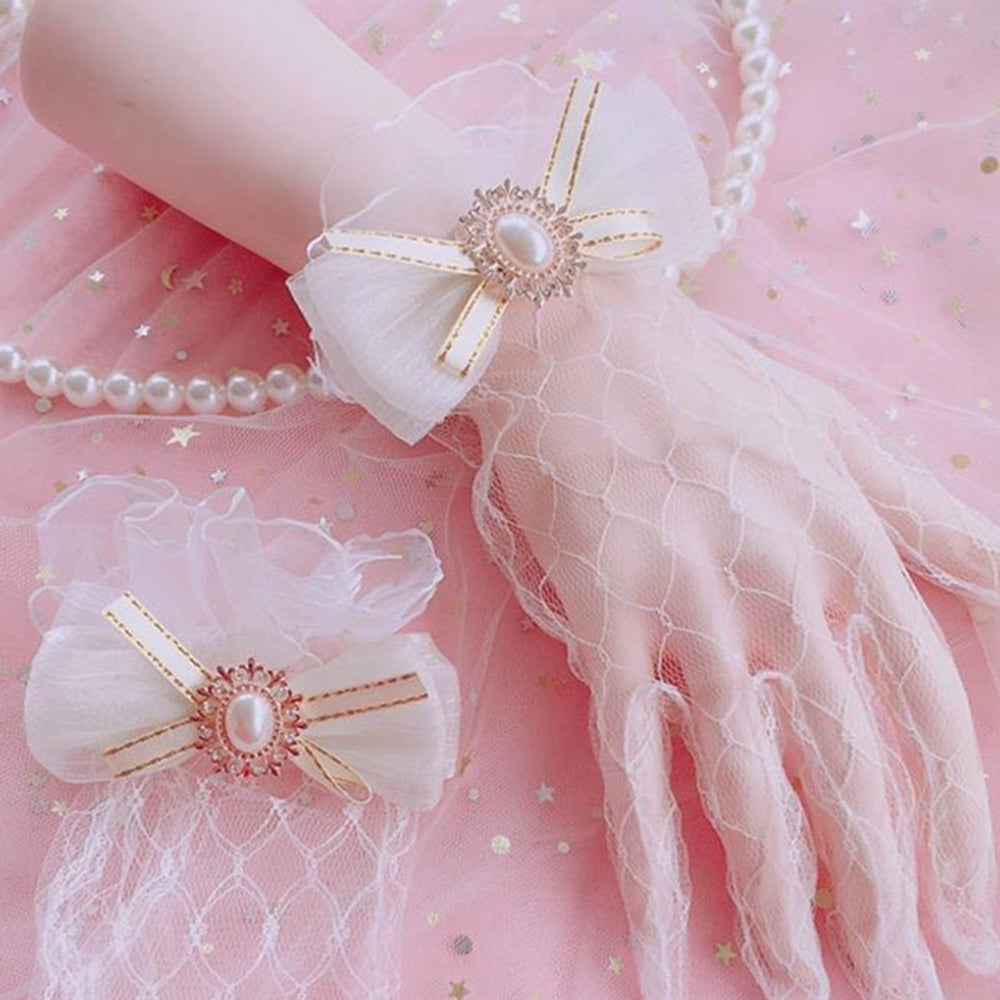 1 Pair Ladies Gloves Bride Wedding Gloves Romantic White Thin See-through Mesh Lace Faux Pearl Image 2