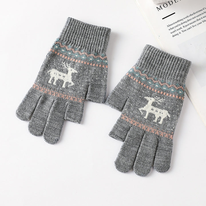 1 Pair Women Gloves Knitted Touch Screen Winter Cycling Gloves Elk Print Full Finger Elastic Image 9