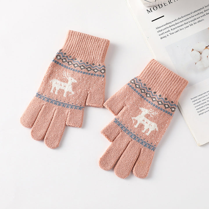 1 Pair Women Gloves Knitted Touch Screen Winter Cycling Gloves Elk Print Full Finger Elastic Image 11