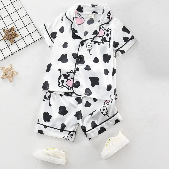 Toddler Girl's 2pcs Cartoon Cow Pattern Pajamas, Button Front Top & Elastic Waist Shorts Set, Comfy Casual PJ Set, Kid's Image 1