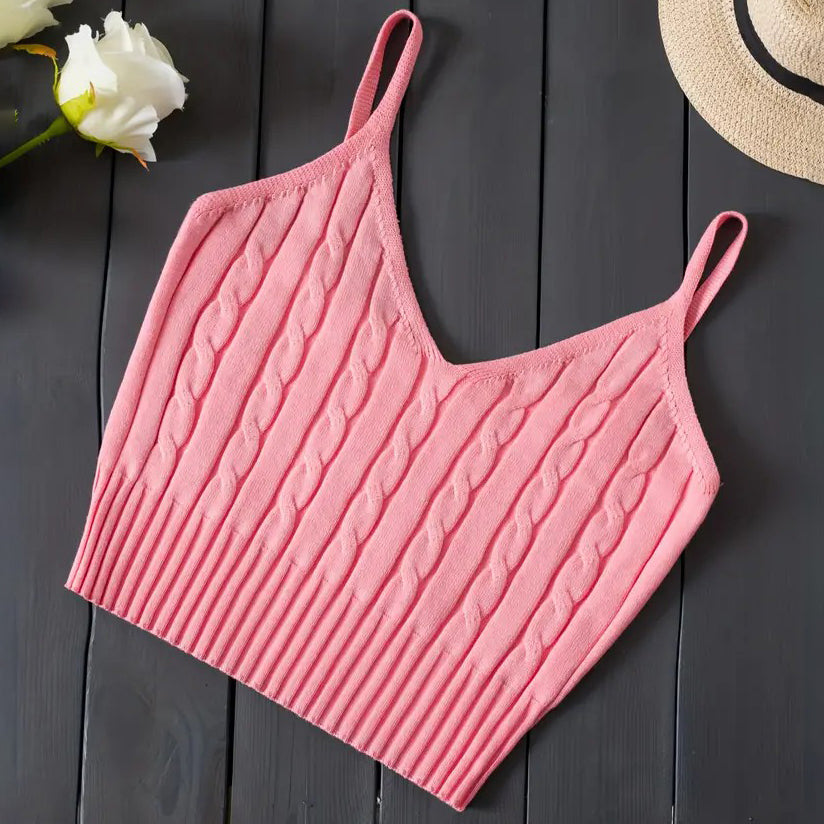 Knitted Cami Crop Top, Versatile Sleeveless Casual Top For Spring & Summer, Women's Clothing Image 1