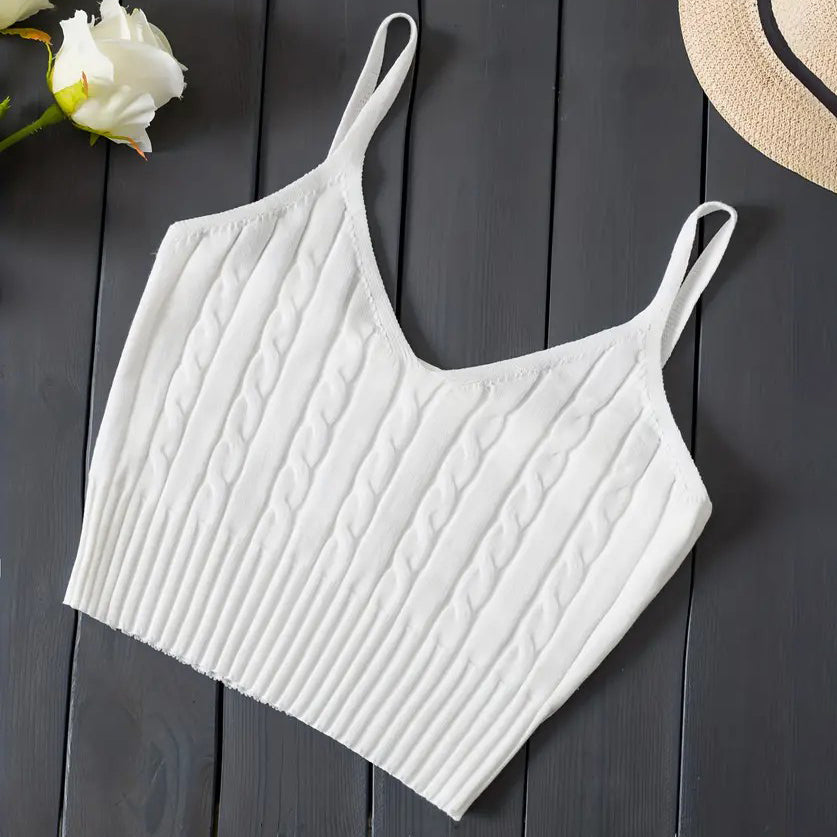 Knitted Cami Crop Top, Versatile Sleeveless Casual Top For Spring & Summer, Women's Clothing Image 1