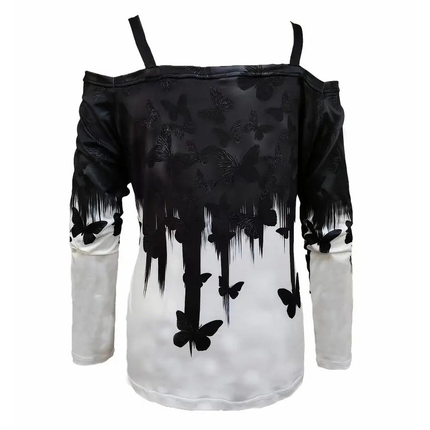Butterfly Print Cold Shoulder T-ShirtElegant Chain Cami Long Sleeve Color Block T-Shirt For Spring and FallWomens Image 2