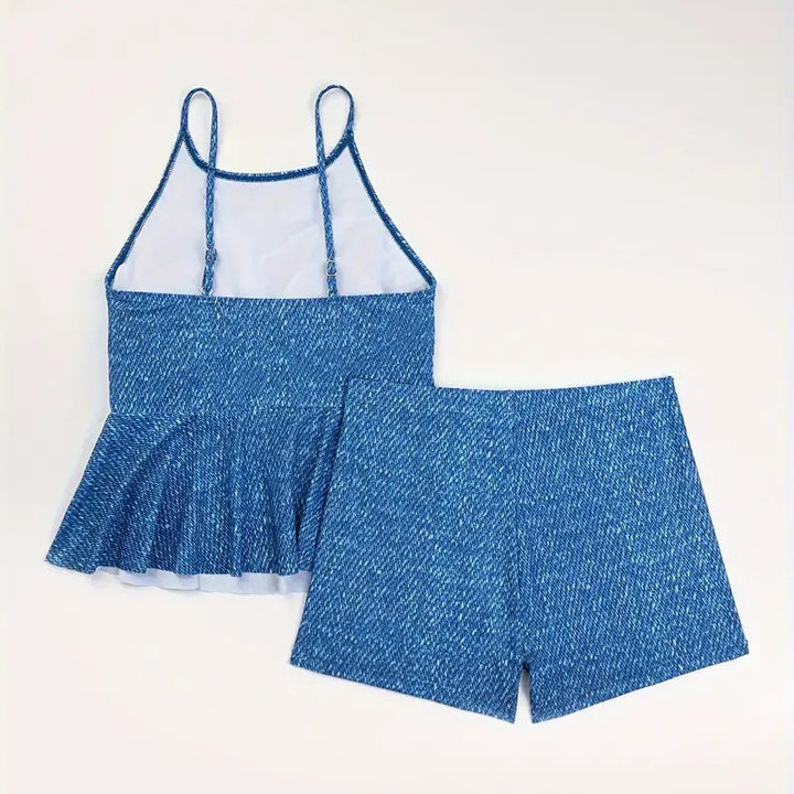 Allover Blue Print Ruffled Hem 2 Piece Set TankiniScoop Neck Spaghetti Strap High Stretch SwimsuitsWomens Swimwear and Image 1