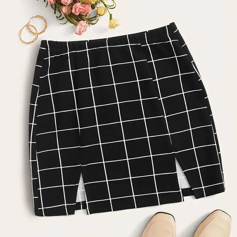 Plaid Print Split Hem SkirtCasual A Line Mini Skirt For SummerWomens Clothing Image 1