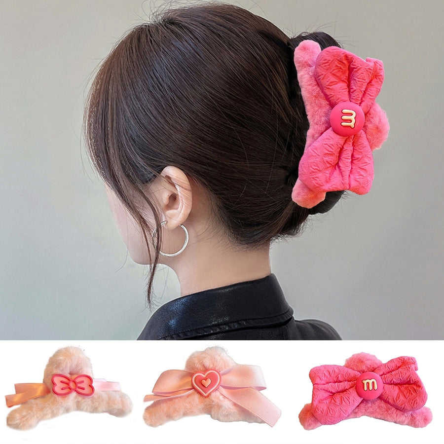 Women Hair Clip Soft Plush Bow Shape Sweet Color Ribbon Decor Strong Grip Anti-slip Hair Organization Decoration Claw Image 1