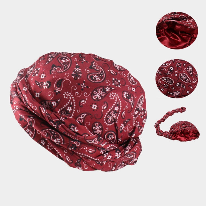 Bohemia Style Cashew Flower Printing Men Turban Hat Double Layer Smooth Satin Headwrap Hip-hop Head Scarf Beanie Hat Image 1