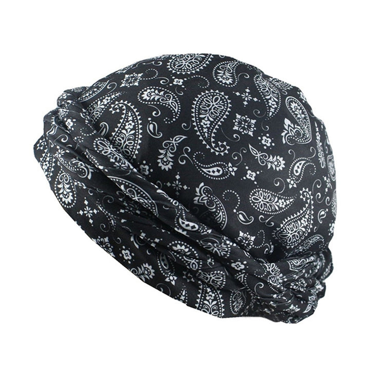 Bohemia Style Cashew Flower Printing Men Turban Hat Double Layer Smooth Satin Headwrap Hip-hop Head Scarf Beanie Hat Image 2