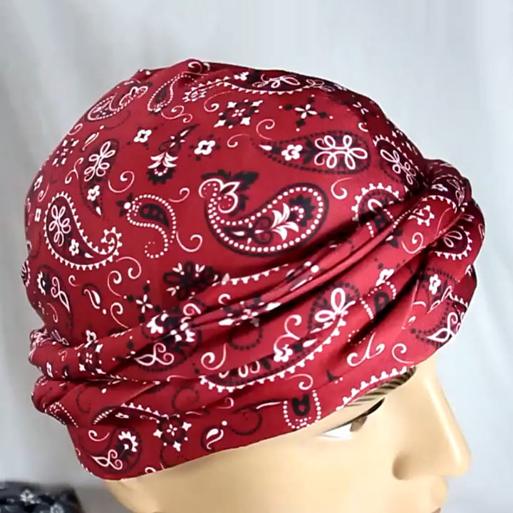 Bohemia Style Cashew Flower Printing Men Turban Hat Double Layer Smooth Satin Headwrap Hip-hop Head Scarf Beanie Hat Image 9