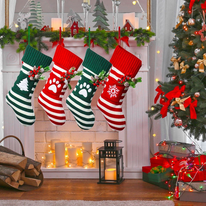 1 Pc Christmas Sock Cartoon Striped Print Contrast Color Fake Red Berry Decor Elastic  Year Candy Gift Storage Bag Sock Image 1
