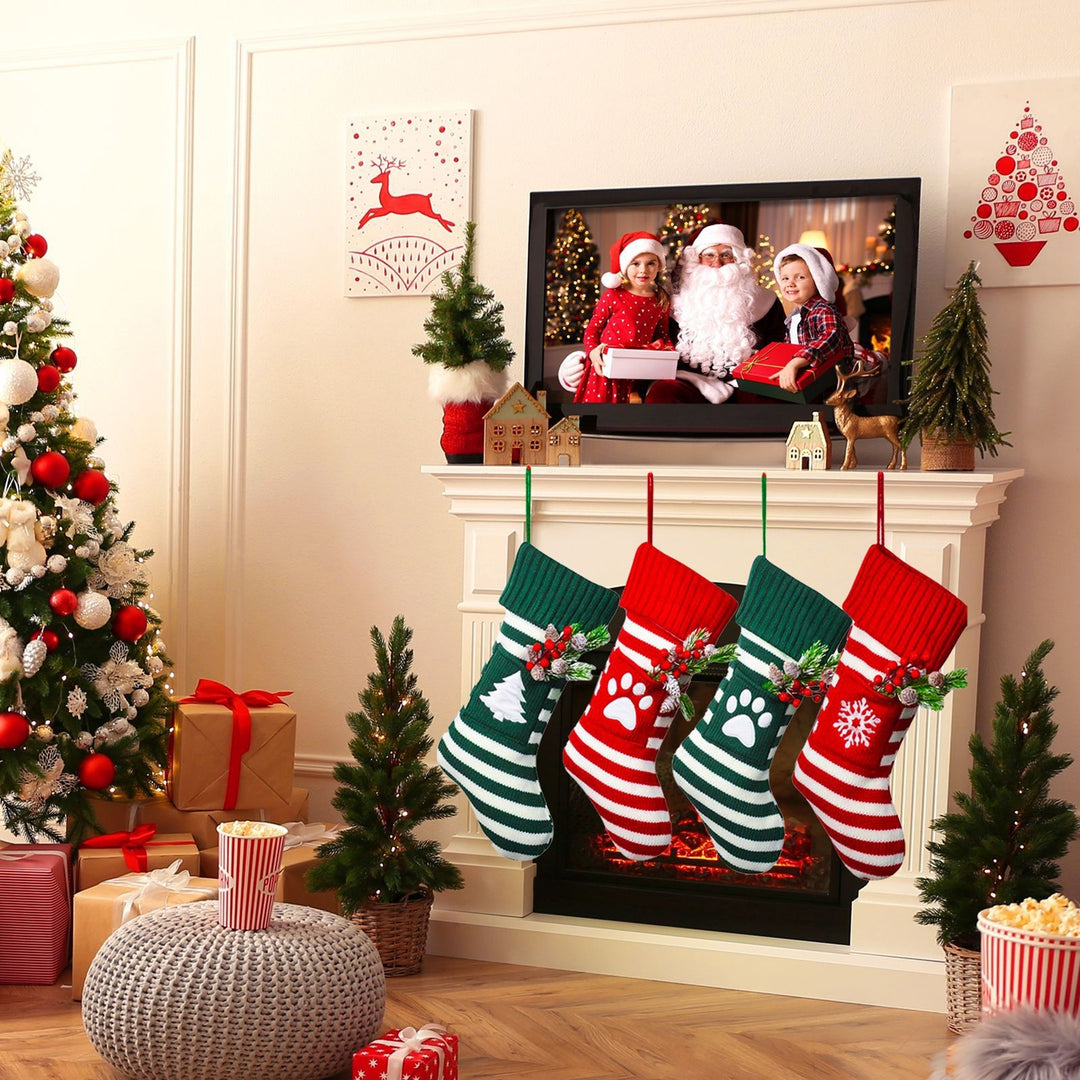 1 Pc Christmas Sock Cartoon Striped Print Contrast Color Fake Red Berry Decor Elastic  Year Candy Gift Storage Bag Sock Image 6