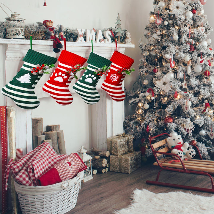 1 Pc Christmas Sock Cartoon Striped Print Contrast Color Fake Red Berry Decor Elastic  Year Candy Gift Storage Bag Sock Image 10