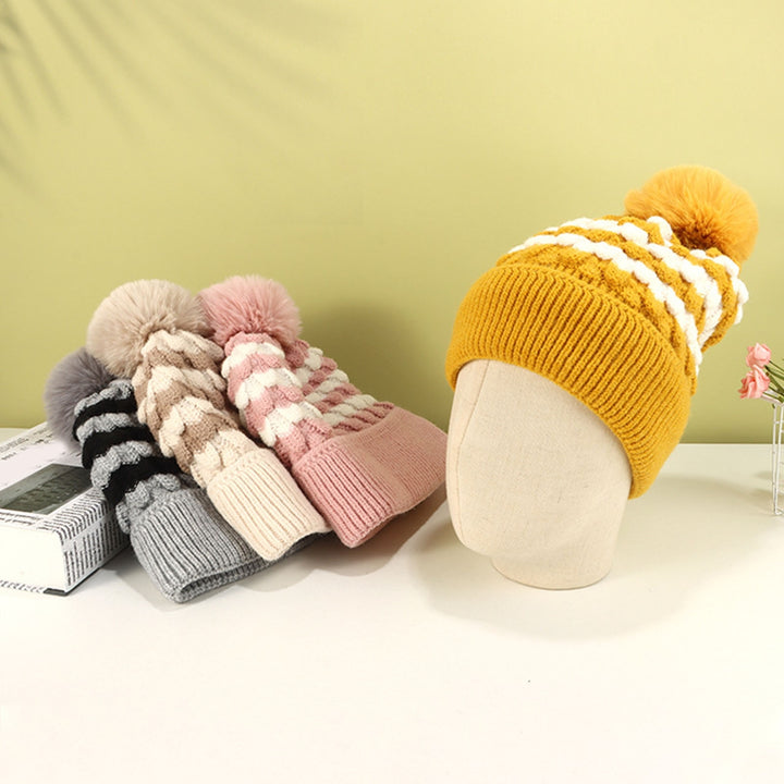 Women Winter Hat Knitted Plush Ball Decor Soft Elastic Anti-slip Regular Fit Cold Resistant Warm Soft Beanie Lady Cap Image 7