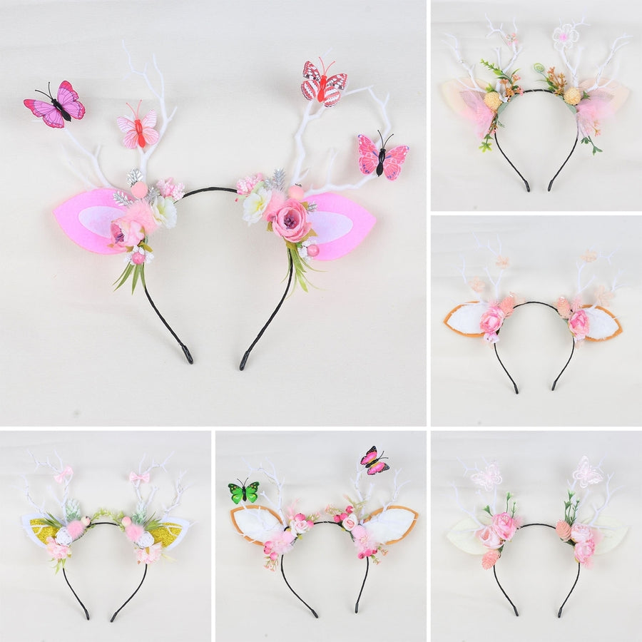 Christmas Women Headband Antler Shape Fake Berry Tree Decor Flower Bow Butterfly Elastic Anti-slip Year Party Photo Image 1