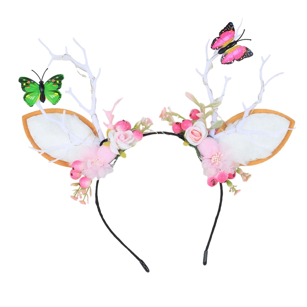 Christmas Women Headband Antler Shape Fake Berry Tree Decor Flower Bow Butterfly Elastic Anti-slip Year Party Photo Image 2