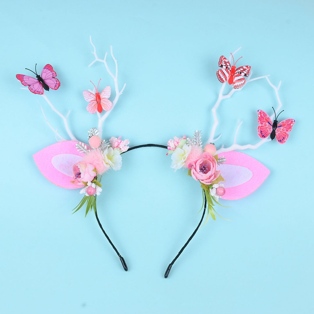 Christmas Women Headband Antler Shape Fake Berry Tree Decor Flower Bow Butterfly Elastic Anti-slip Year Party Photo Image 8