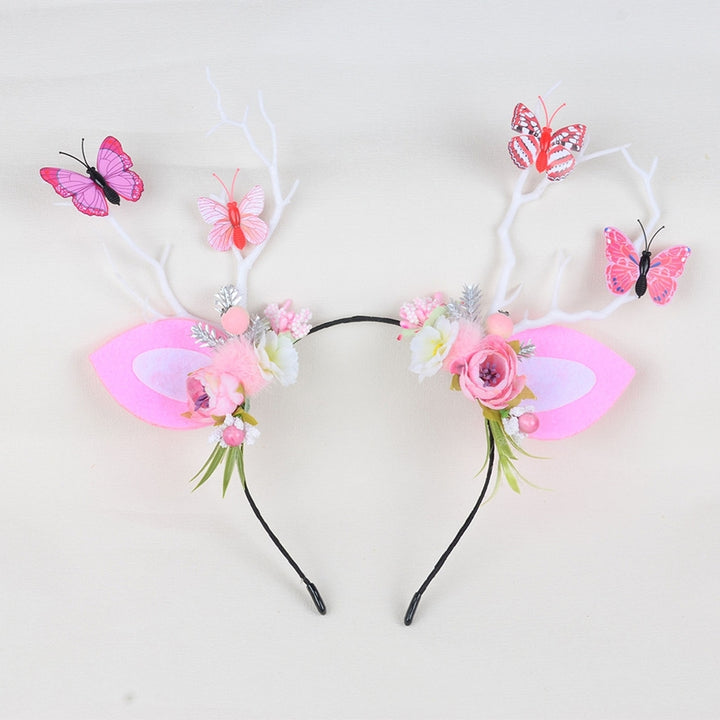 Christmas Women Headband Antler Shape Fake Berry Tree Decor Flower Bow Butterfly Elastic Anti-slip Year Party Photo Image 12