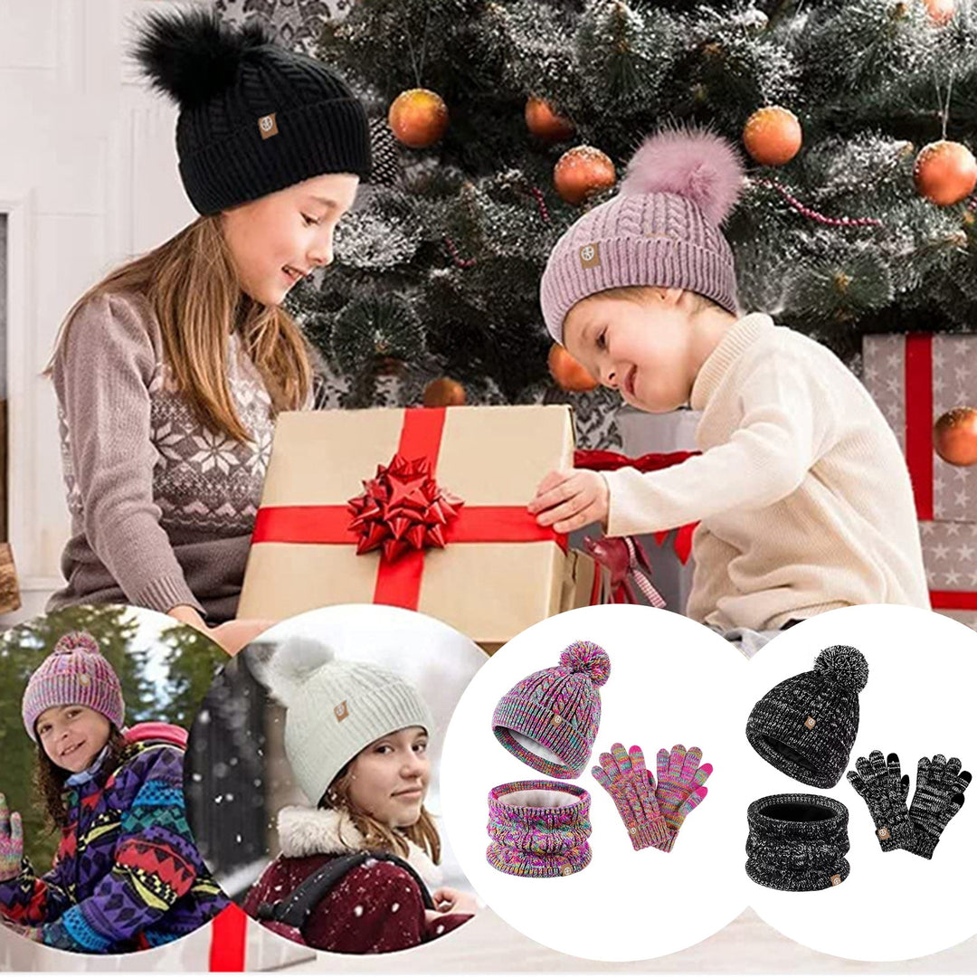 3Pcs/Set Kids Hat Gloves Neck Warmer Knitted Thickened Outdoor Windproof 5-12 Years Winter Children Pompom Beanie Scarf Image 6