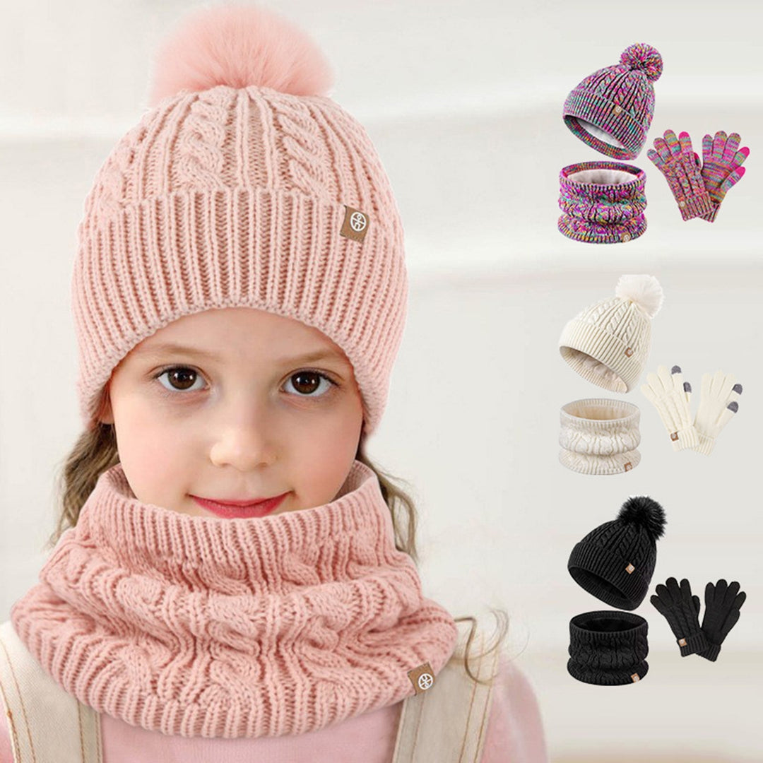 3Pcs/Set Kids Hat Gloves Neck Warmer Knitted Thickened Outdoor Windproof 5-12 Years Winter Children Pompom Beanie Scarf Image 7