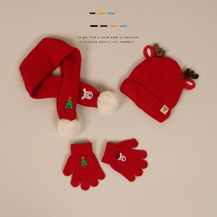 1 Set Children Hat Scarf Gloves Set Antler Decor Christmas Tree Embroidery Thick Warm Soft Elastic Knitted Plush Baby Image 4