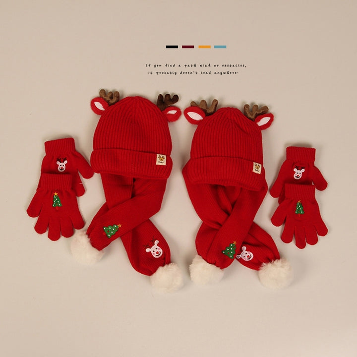 1 Set Children Hat Scarf Gloves Set Antler Decor Christmas Tree Embroidery Thick Warm Soft Elastic Knitted Plush Baby Image 7