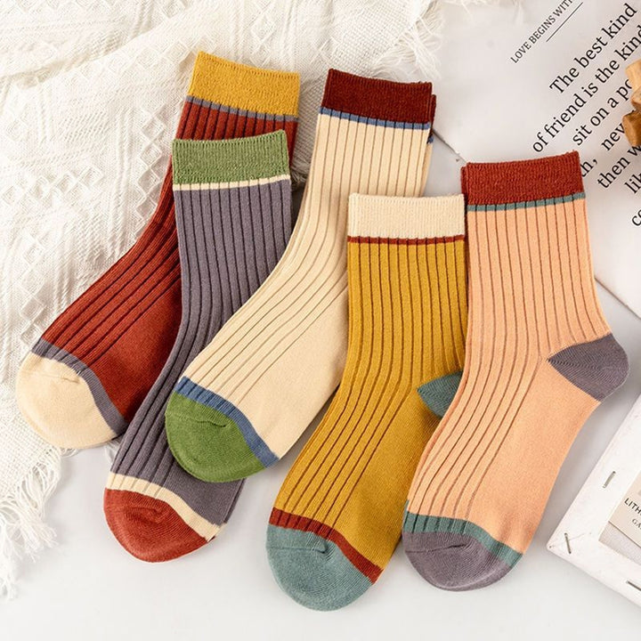 5 Pairs Women Candy Color Splicing Design Socks Mid-tube Ribbed Breathable Sweat-absorbent High Elastic Socks Image 1