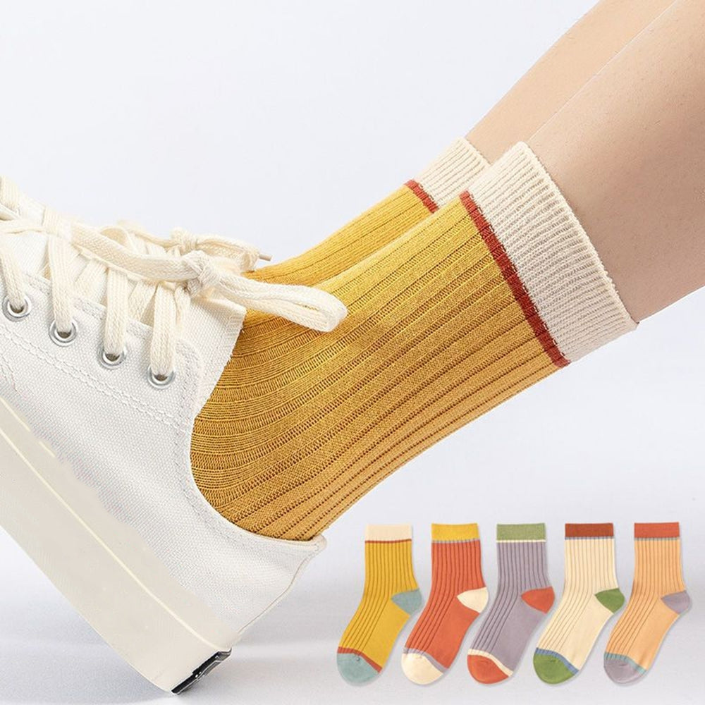 5 Pairs Women Candy Color Splicing Design Socks Mid-tube Ribbed Breathable Sweat-absorbent High Elastic Socks Image 2