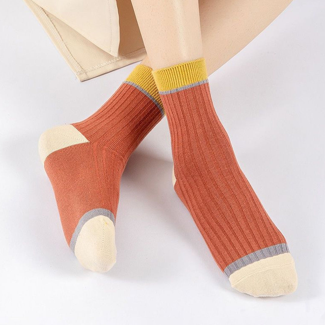 5 Pairs Women Candy Color Splicing Design Socks Mid-tube Ribbed Breathable Sweat-absorbent High Elastic Socks Image 3