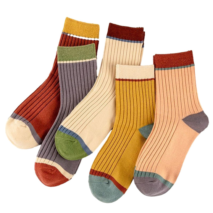 5 Pairs Women Candy Color Splicing Design Socks Mid-tube Ribbed Breathable Sweat-absorbent High Elastic Socks Image 4