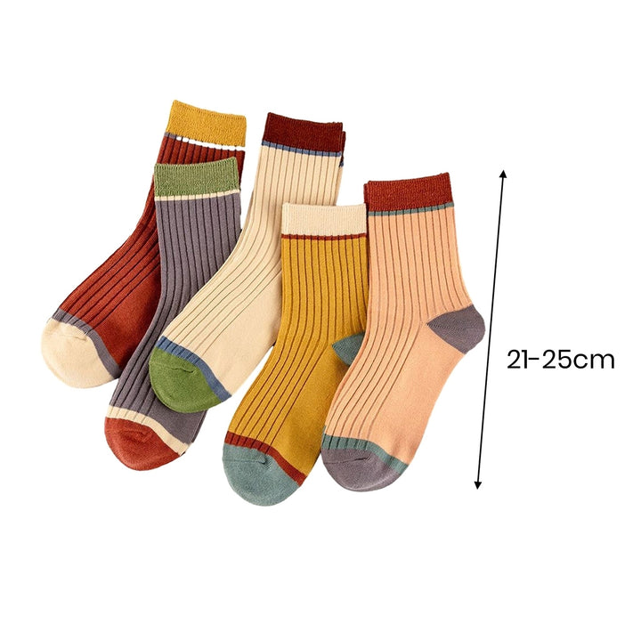 5 Pairs Women Candy Color Splicing Design Socks Mid-tube Ribbed Breathable Sweat-absorbent High Elastic Socks Image 6