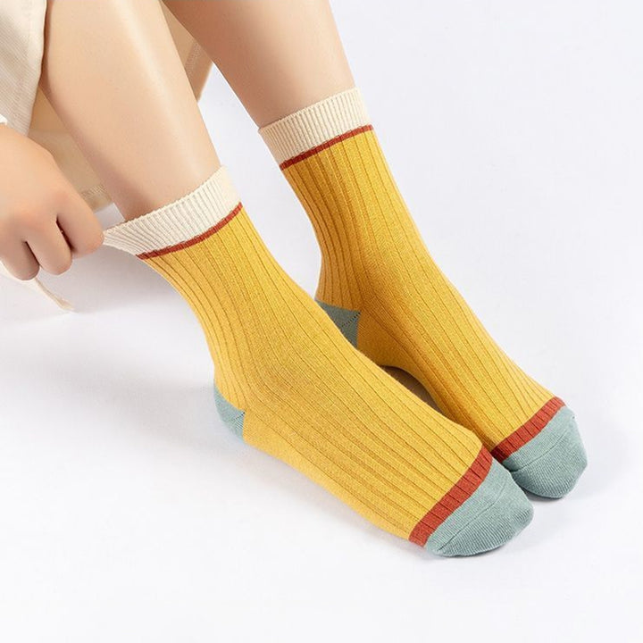 5 Pairs Women Candy Color Splicing Design Socks Mid-tube Ribbed Breathable Sweat-absorbent High Elastic Socks Image 7