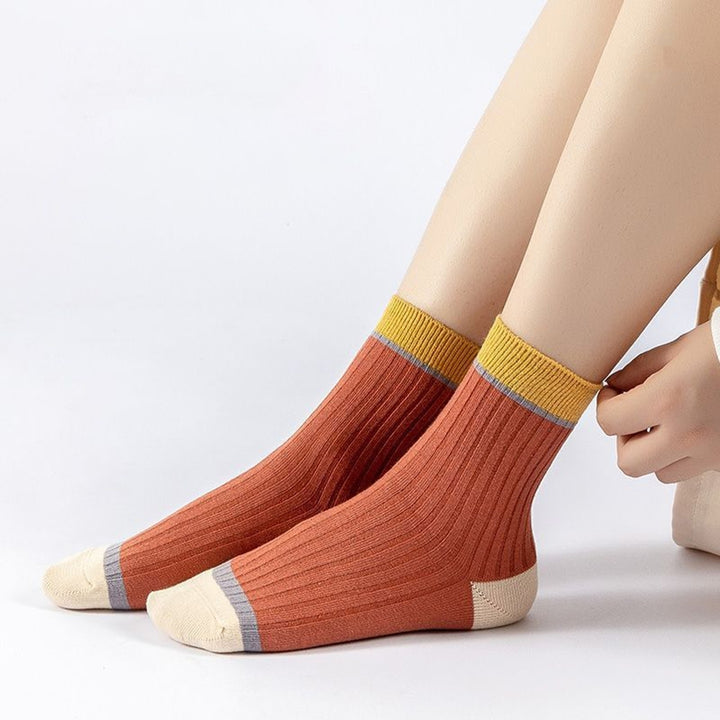 5 Pairs Women Candy Color Splicing Design Socks Mid-tube Ribbed Breathable Sweat-absorbent High Elastic Socks Image 10