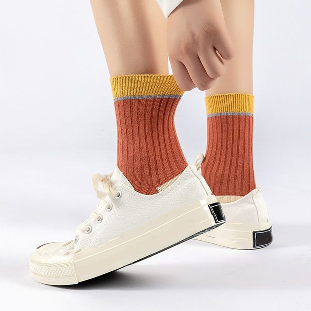5 Pairs Women Candy Color Splicing Design Socks Mid-tube Ribbed Breathable Sweat-absorbent High Elastic Socks Image 12
