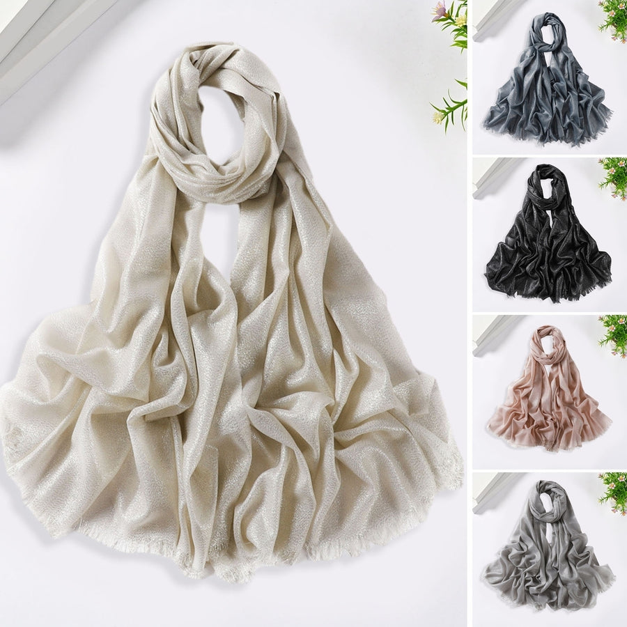 Women Scarf Retro Shiny Tassel Solid Color Headscarf Wide Long Decorative Windproof Glossy Washable Lady Shawl Clothes Image 1