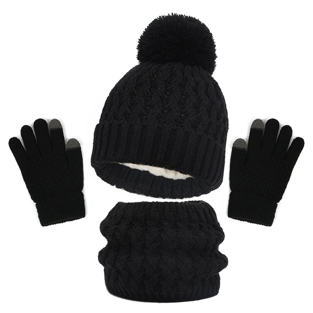 3Pcs/Set Winter Children Plush Ball Decor Knitted Beanie Hat Fleece Lining Scarf Thickened Gloves Set Girls Boys Warm Image 1