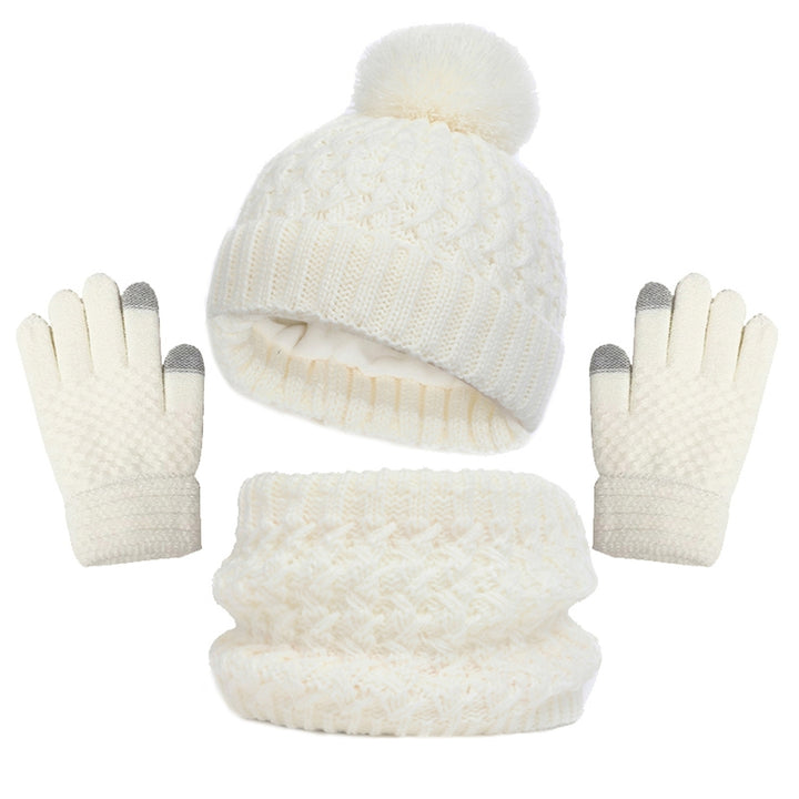 3Pcs/Set Winter Children Plush Ball Decor Knitted Beanie Hat Fleece Lining Scarf Thickened Gloves Set Girls Boys Warm Image 3